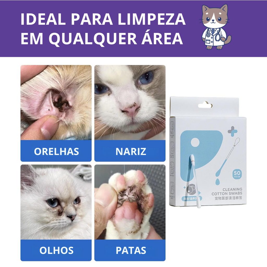 Cotonetes Úmidos para Limpeza de Gatos